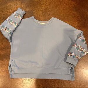 Boden Blue Sweatshirt with Floral-Trimmed Balloon Sleeve Design Sz L